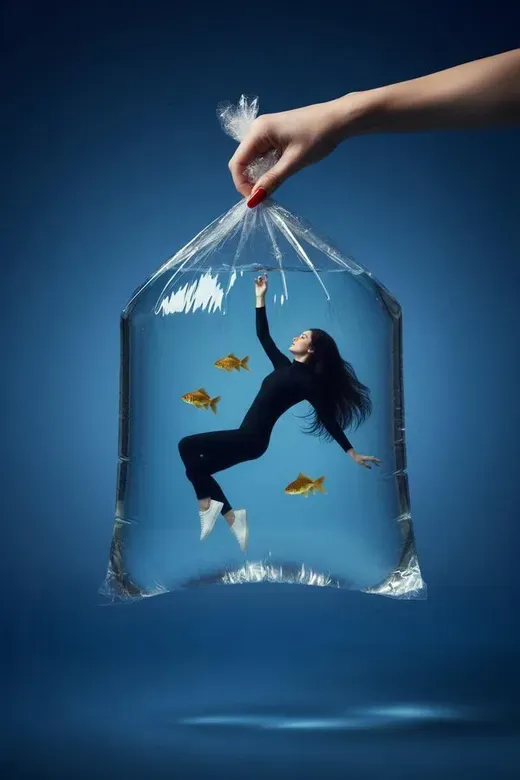 Woman Floating in Giant Clear Plastic Water Bag