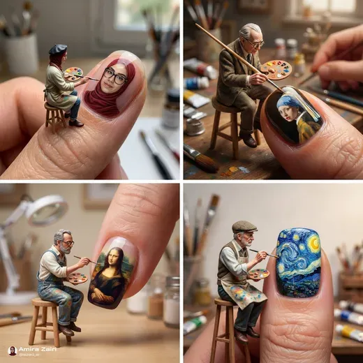 Miniature Artist Painting on Huge Human Nail