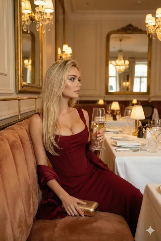 Crimson Dress Girl with White Wine