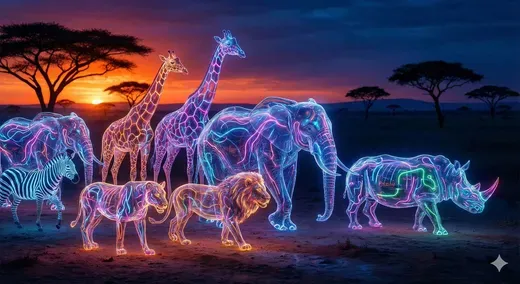 Animals and Humans Transformed into Neon Glass Creatures