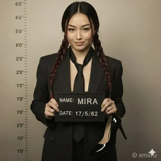 Woman in Suit Posing for Mugshot