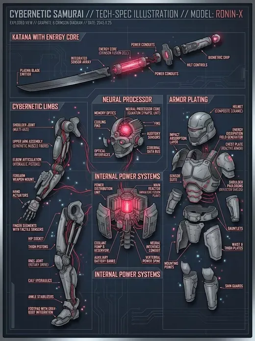 Detailed Technical Diagram of a Cyber Samurai