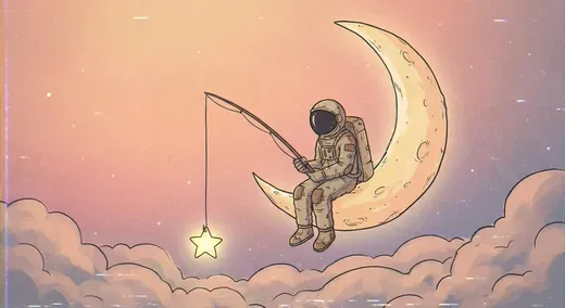Astronaut Sitting on Crescent Moon Fishing for Stars