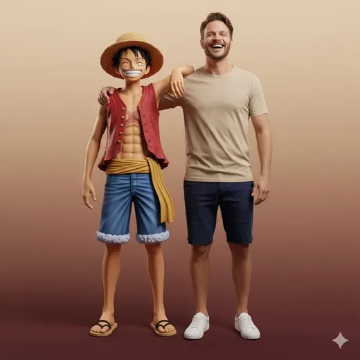 Hyperrealistic full body portrait interacting with Luffy