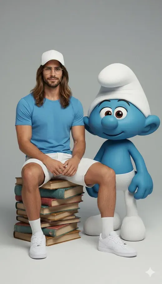 Hyperrealistic full body portrait interacting with a character