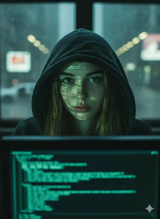 Close-up portrait of a young woman in a dark hoodie