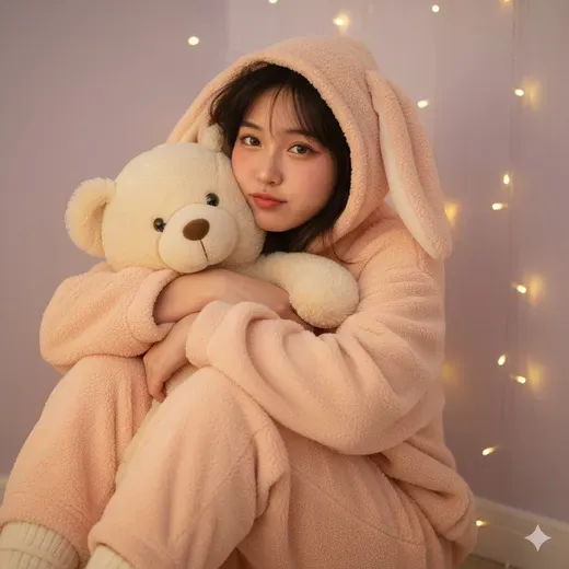 Girl in Pastel Pink Oversized Fluffy Pajamas