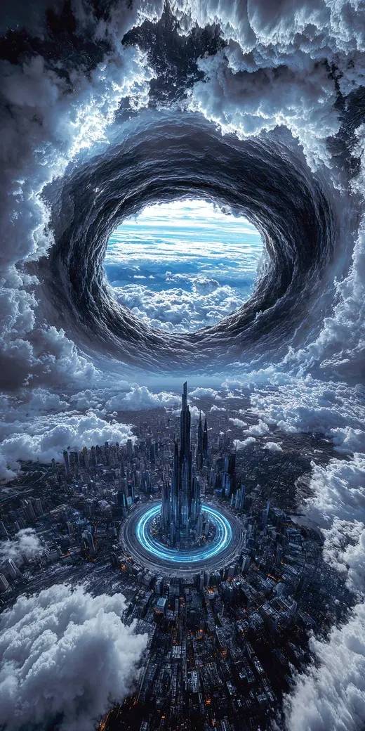 A Giant Vortex Above a City Piercing Storm Clouds