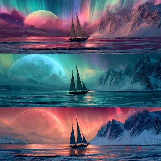 Three Different Fantasy Sailing Ships in the Ocean